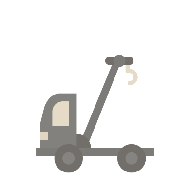 A forklift with grey body and wheels, and a lifting arm with a hook, on a black background.