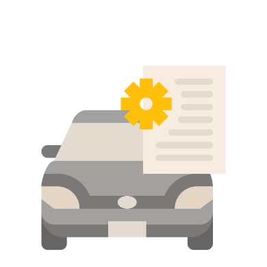 Car with a gear icon and document in the background, representing vehicle repair or maintenance.