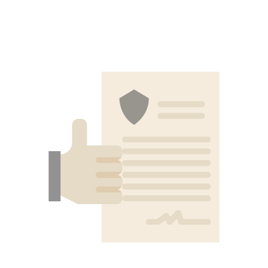 A graphic of a thumbs-up hand holding a document with a shield icon and lines of text.