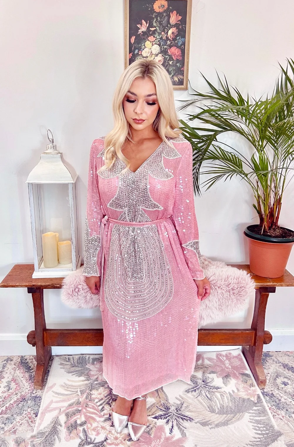 pink 1920s cap sleeve sequin evening dress Sequin Evening Gown with Three-Quarter Sheer Sleeves Dusty Rose / 14