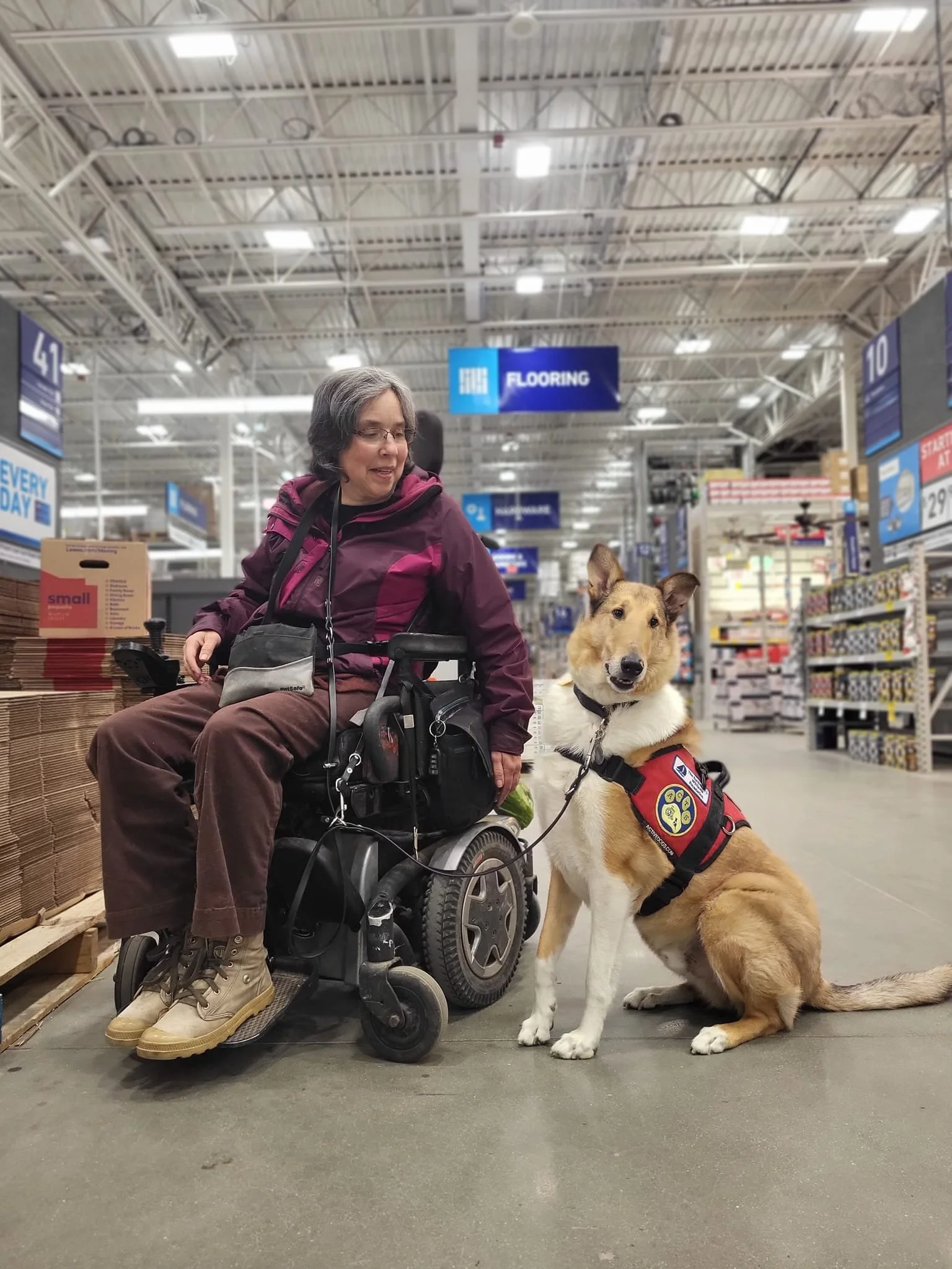 A woman in a wheelchair with grey hair and glasses is in a store aisle with a service dog sitting beside her. The woman is wearing a maroon jacket and brown pants, and the dog is wearing a red service vest.