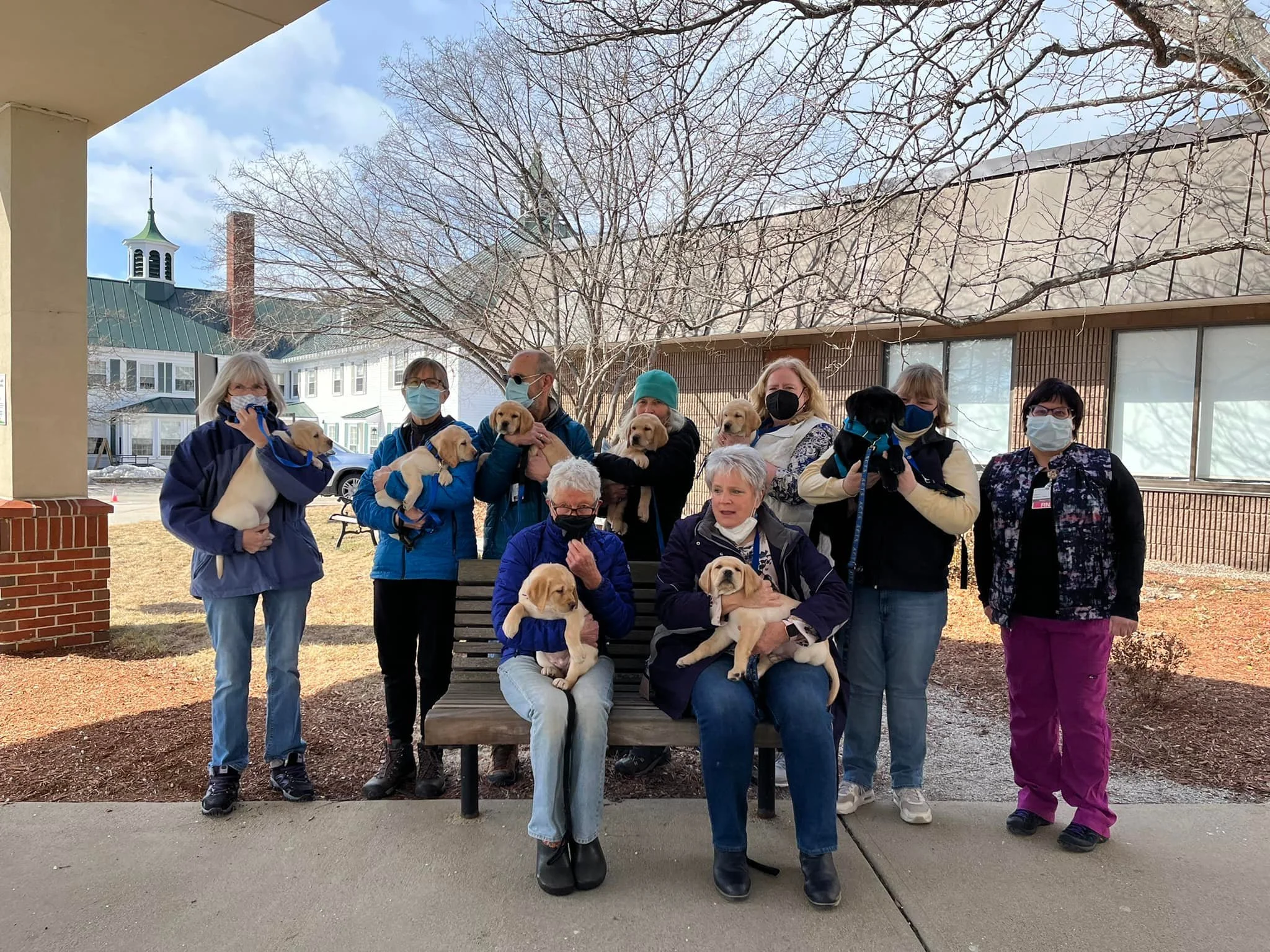 Group of people, mostly women wearing masks, holding puppies outdoors near a building with windowed wall and leafless trees in the background.