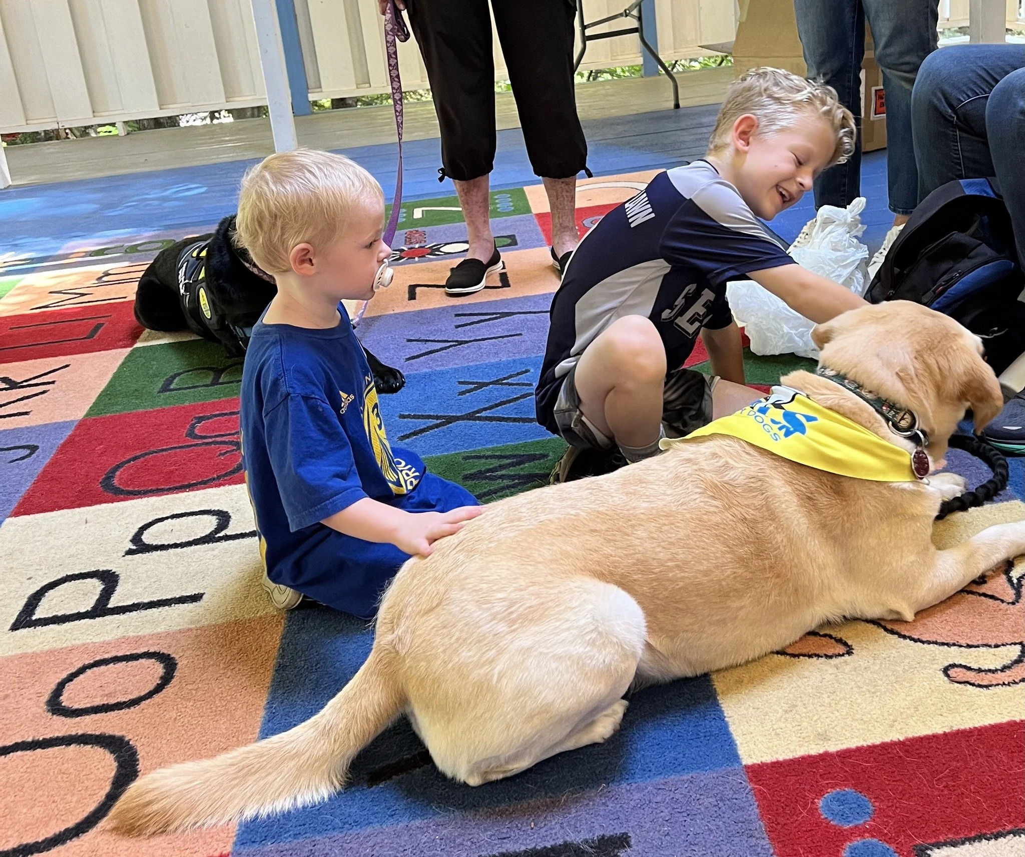 Two young boys on a colorful alphabet rug interacting with a beige therapy dog wearing a yellow bandana. One boy is sitting, and the other is kneeling and petting the dog.