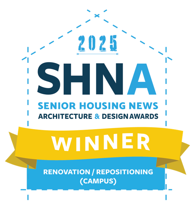 Award badge for the 2025 SHNA Senior Housing News Architecture & Design Awards, indicating a winner in renovation and repositioning of campus.