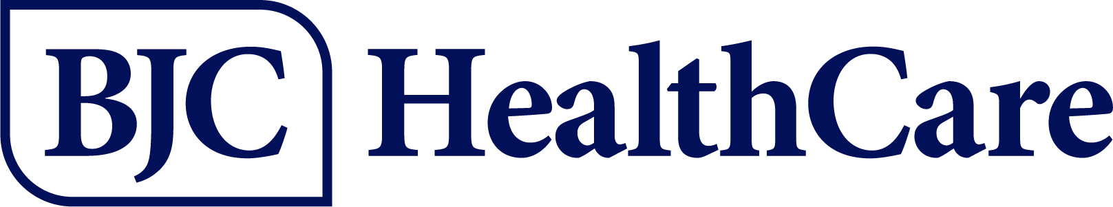 The logo of BJC HealthCare featuring the text 'BJC HealthCare' in navy blue with a stylized open book or shield icon to the left.