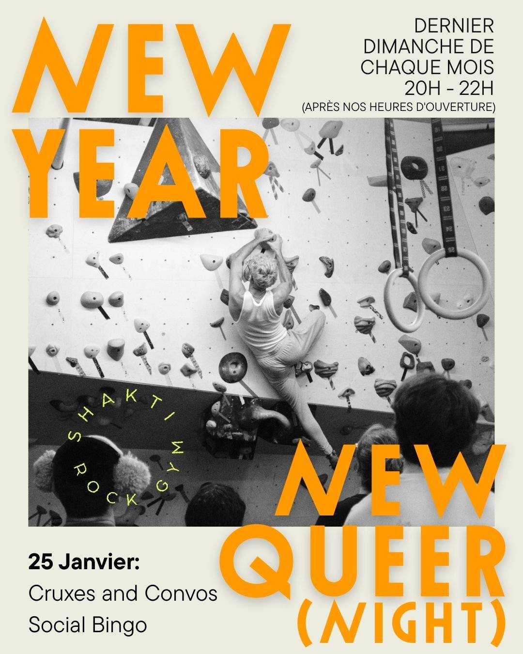 Photo of someone climbing with the words "New year, New Queer (night) written over the top.