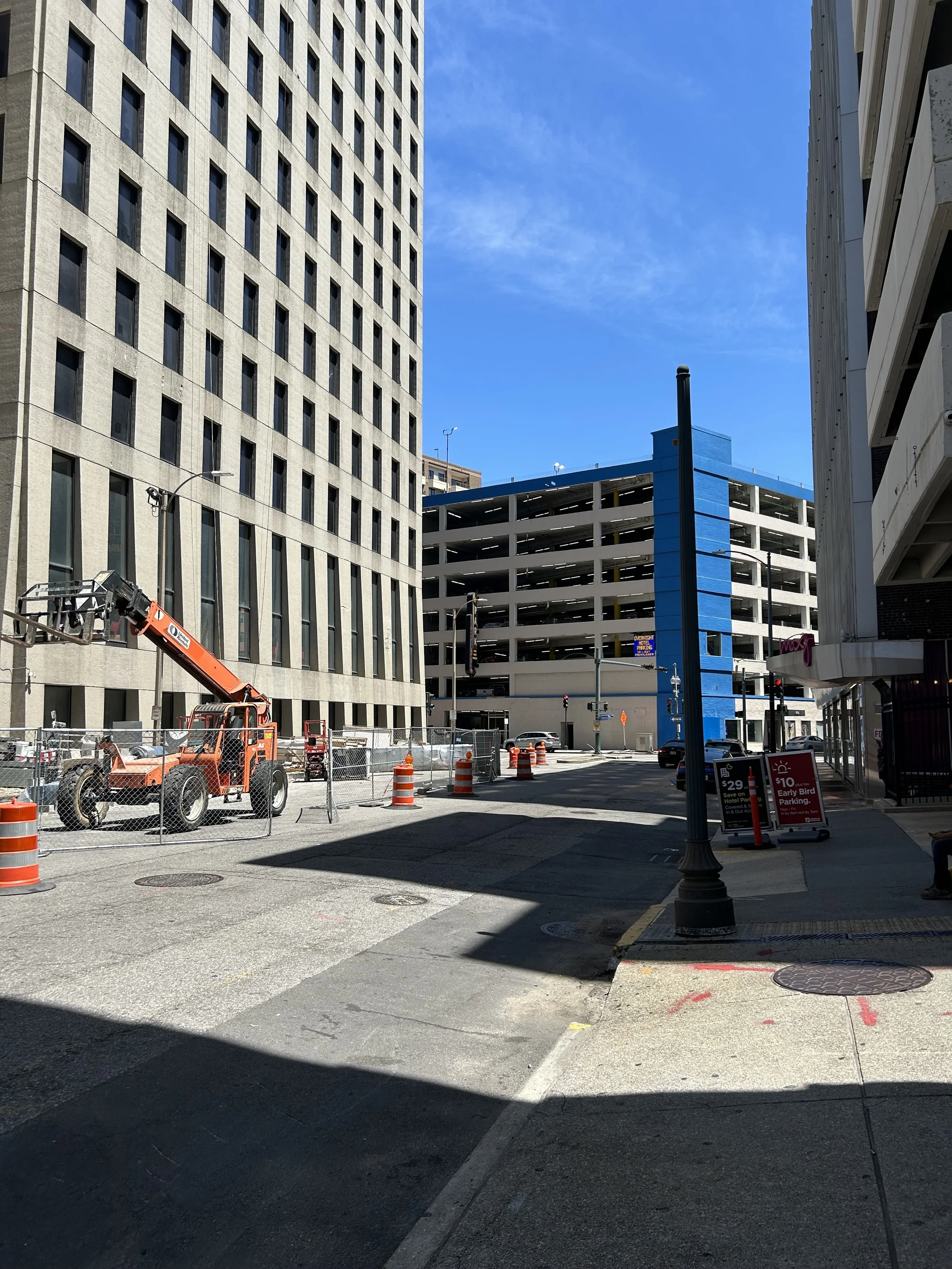 Wide street with parking garage