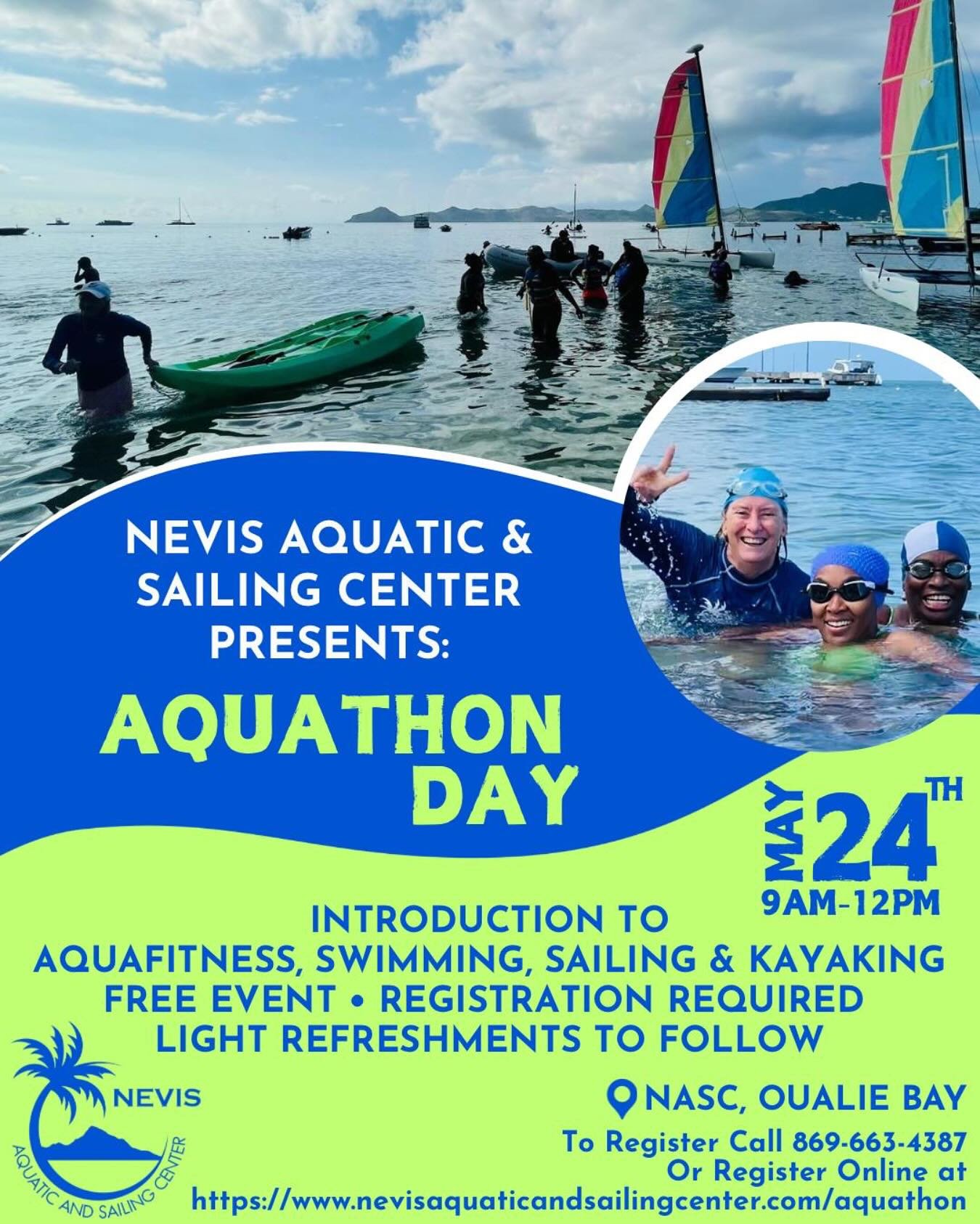 Make a splash with us on Aquathon Day!

Join us on May 24th from 9AM to 12PM at NASC, Oualie Bay for a fun-filled morning of Aquafitness, Swimming, Sailing &amp; Kayaking!

This is a FREE community event&mdash;perfect for all ages and skill levels. (