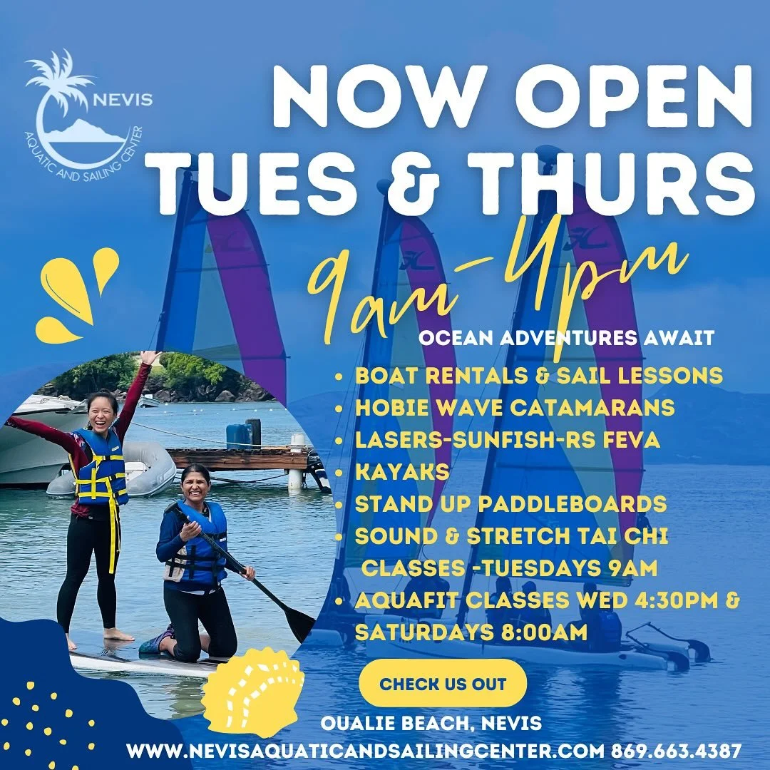 We&rsquo;re open and ready for adventure! Come enjoy boat rentals and sailing lessons on Hobie Waves, Lasers, RS Fevas, and kayaks.
Whether you&rsquo;re learning or just cruising - join in the fun at Nevis Aquatic &amp; Sailing Center!