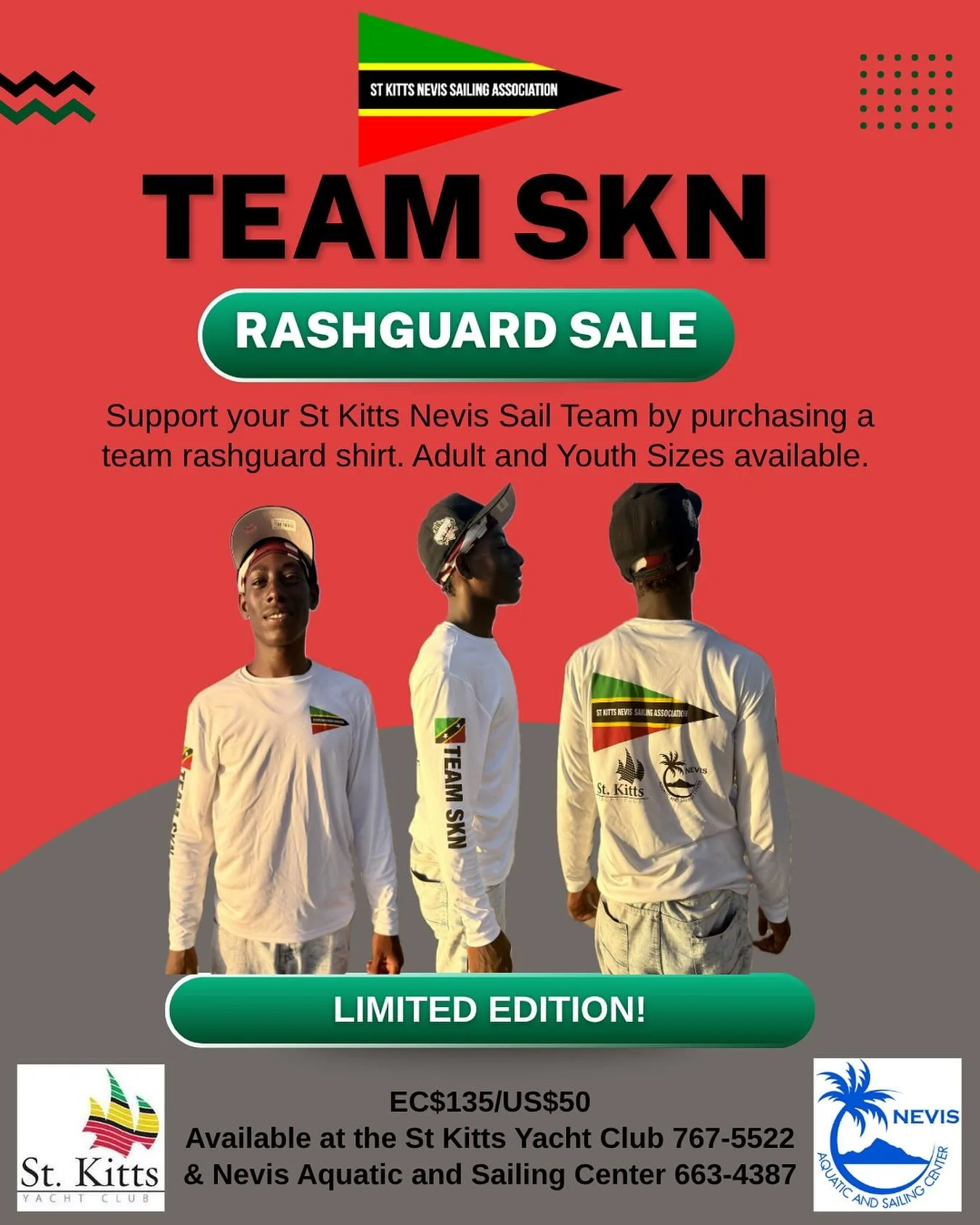 Rep your country and support our national sailors! Get your Team SKN rashguard today &mdash; limited edition while supplies last!