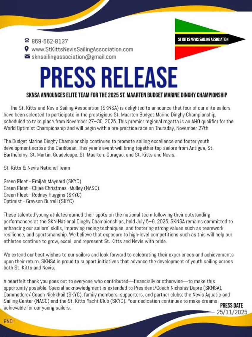 Wishing St Kitts Nevis Optimist Sail Team the very best at the upcoming Budget Marine St Maarten Optimist Championships this weekend!! ⛵️🇰🇳