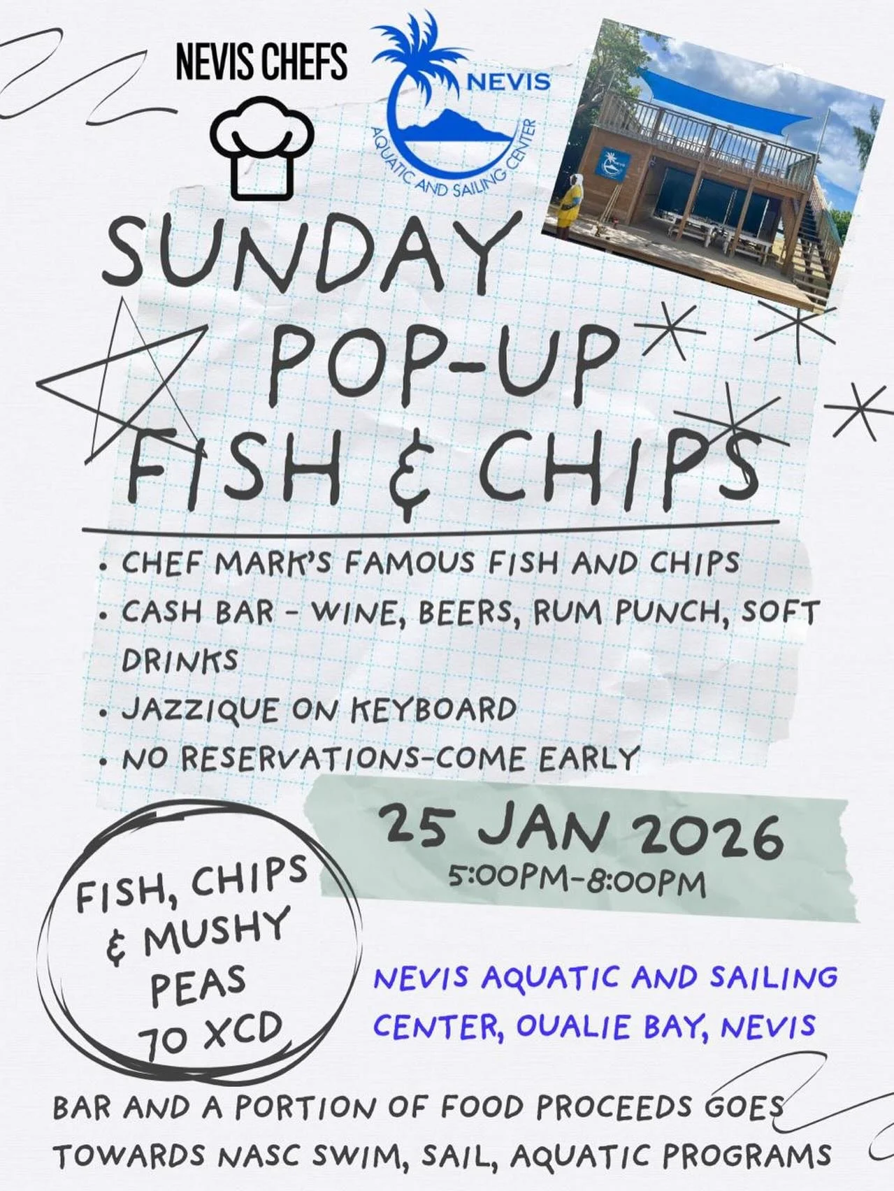 Fish, chips, music, and sunset by the sea 🌊🎶
Chef Mark&rsquo;s famous fish &amp; chips, cash bar, live keys, and all for a great cause.
See you Sunday at NASC-don&rsquo;t be late!