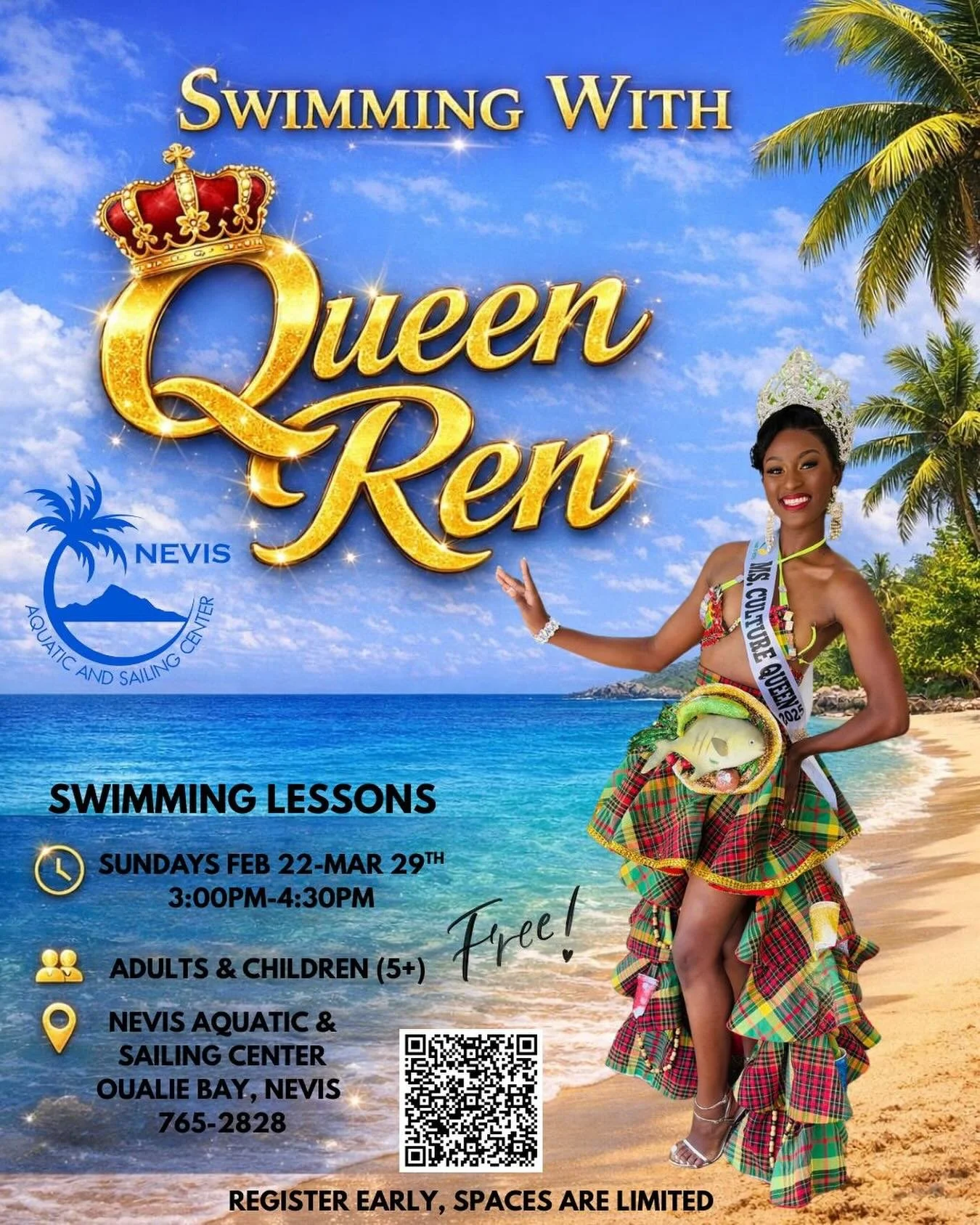 Ever imagined living on a beautiful island and not knowing how to swim? Worry no more! 👑

I&rsquo;m Renee Davis, your reigning Miss Culture Queen 2025-2026, and I&rsquo;m thrilled to partner with Nevis Aquatic and Sailing Center to bring you an incr