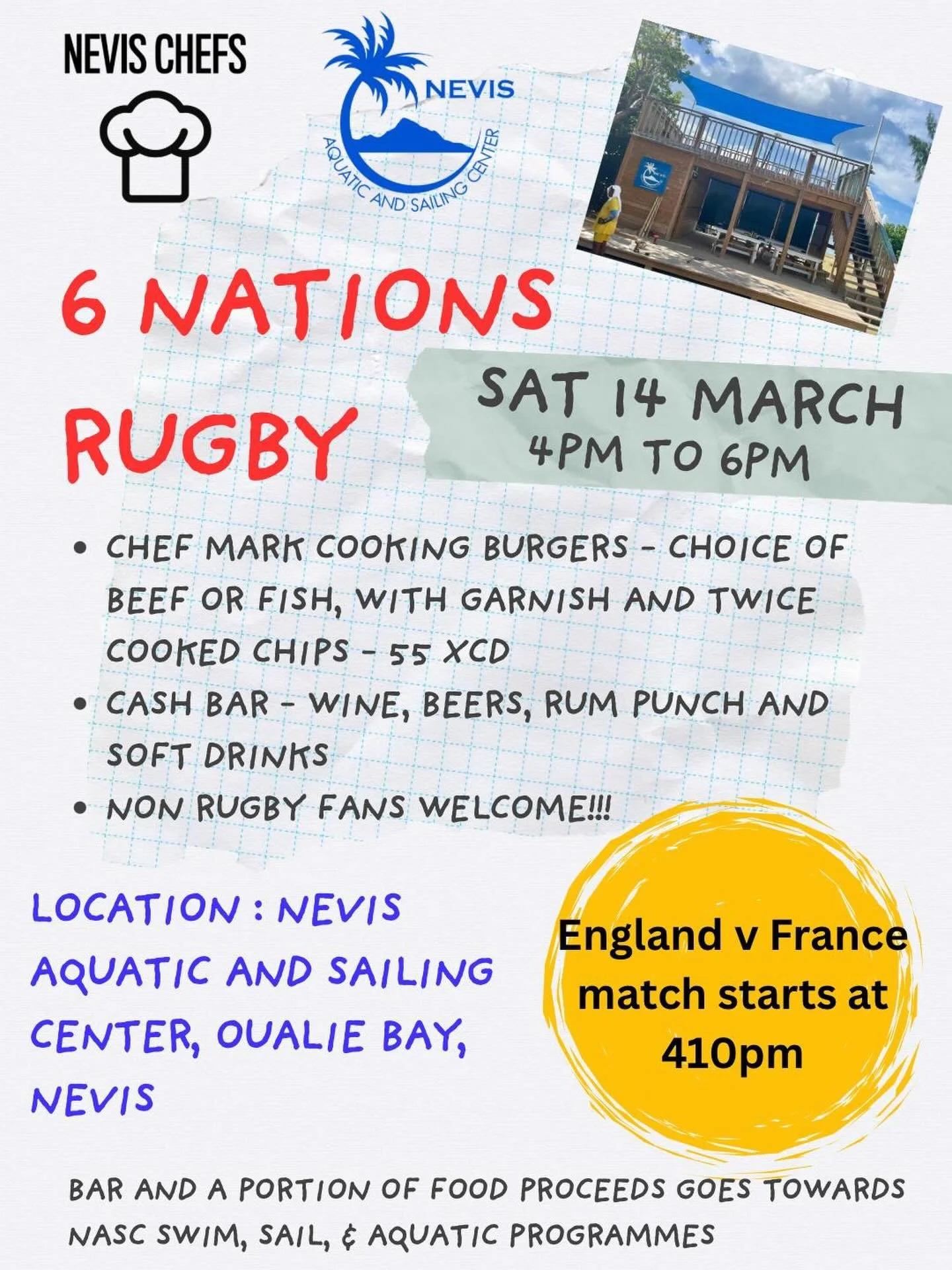Rugby and burger fans! 🏉🍔

Join us this Saturday at the Nevis Aquatic and Sailing Center from 4&ndash;6 PM to watch England vs France in the Six Nations (kickoff 4:10 PM).

Chef Mark will be serving beef or fish burgers with twice cooked chips- $55