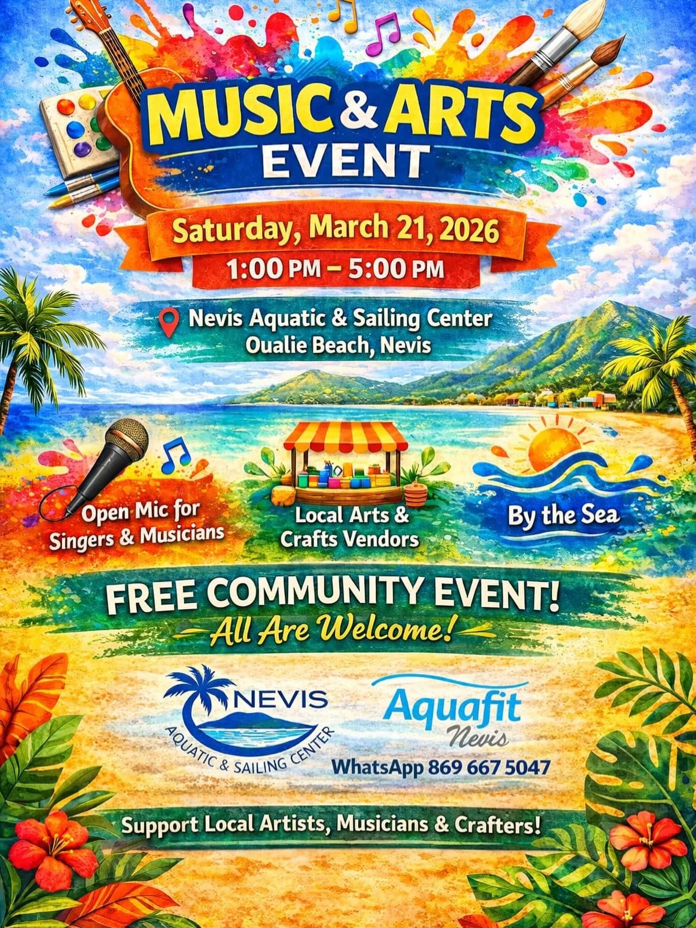 Join us for a vibrant afternoon of creativity, music, and community by the sea! 🎶🎨🌴

The Music &amp; Arts Event at the Nevis Aquatic &amp; Sailing Center brings together local musicians, artists, and crafters for a relaxed seaside gathering at Oua