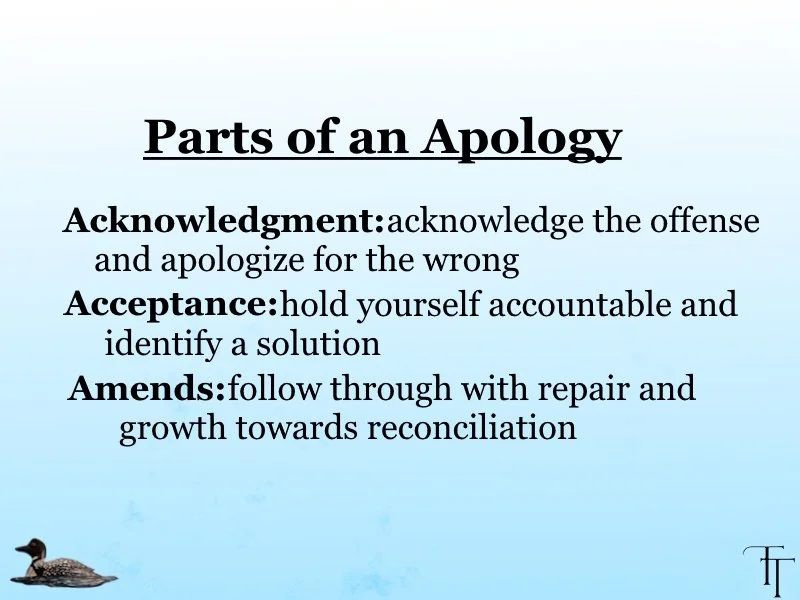 Slide titled "Parts of an Apology" listing three components: acknowledgment, acceptance, and amends, with definitions and a duck illustration in the bottom left corner.