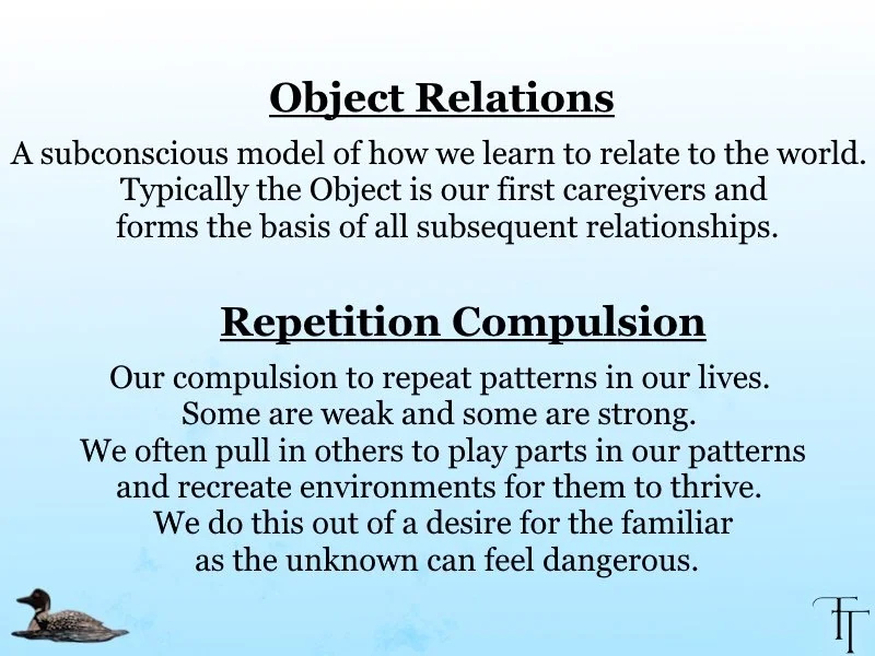 A PDF document titled 'Object Relations' and 'Repetition Compulsion,' discussing psychological concepts of how humans relate to the world and repeat patterns in their lives, featuring a small duck illustration at the bottom left corner.