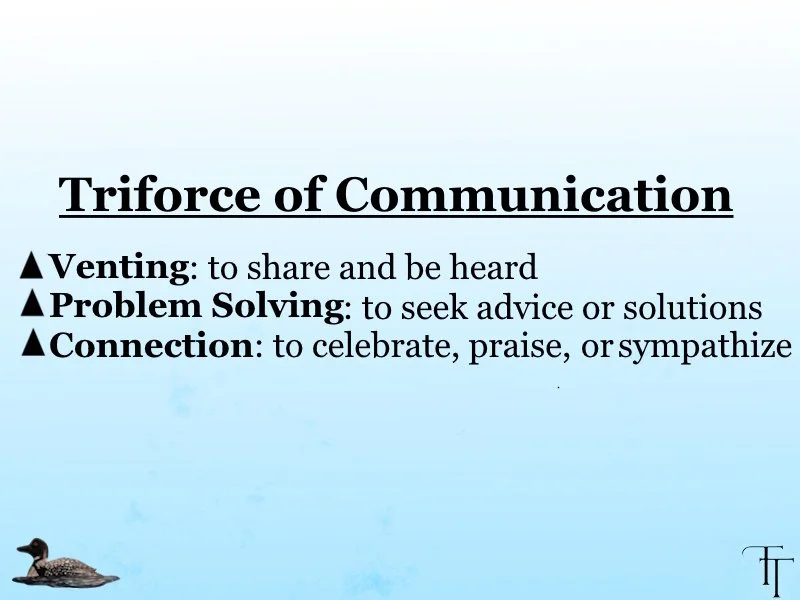 Slide titled 'Triforce of Communication' with three points: Venting - to share and be heard, Problem Solving - to seek advice or solutions, Connection - to celebrate, praise, or sympathize. There is a small duck image in the bottom left corner and a 