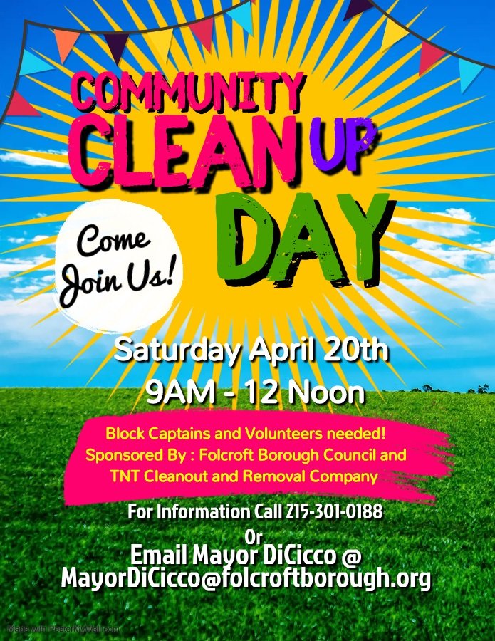 Community Cleanup Day Saturday, April 20 — The Borough of Folcroft