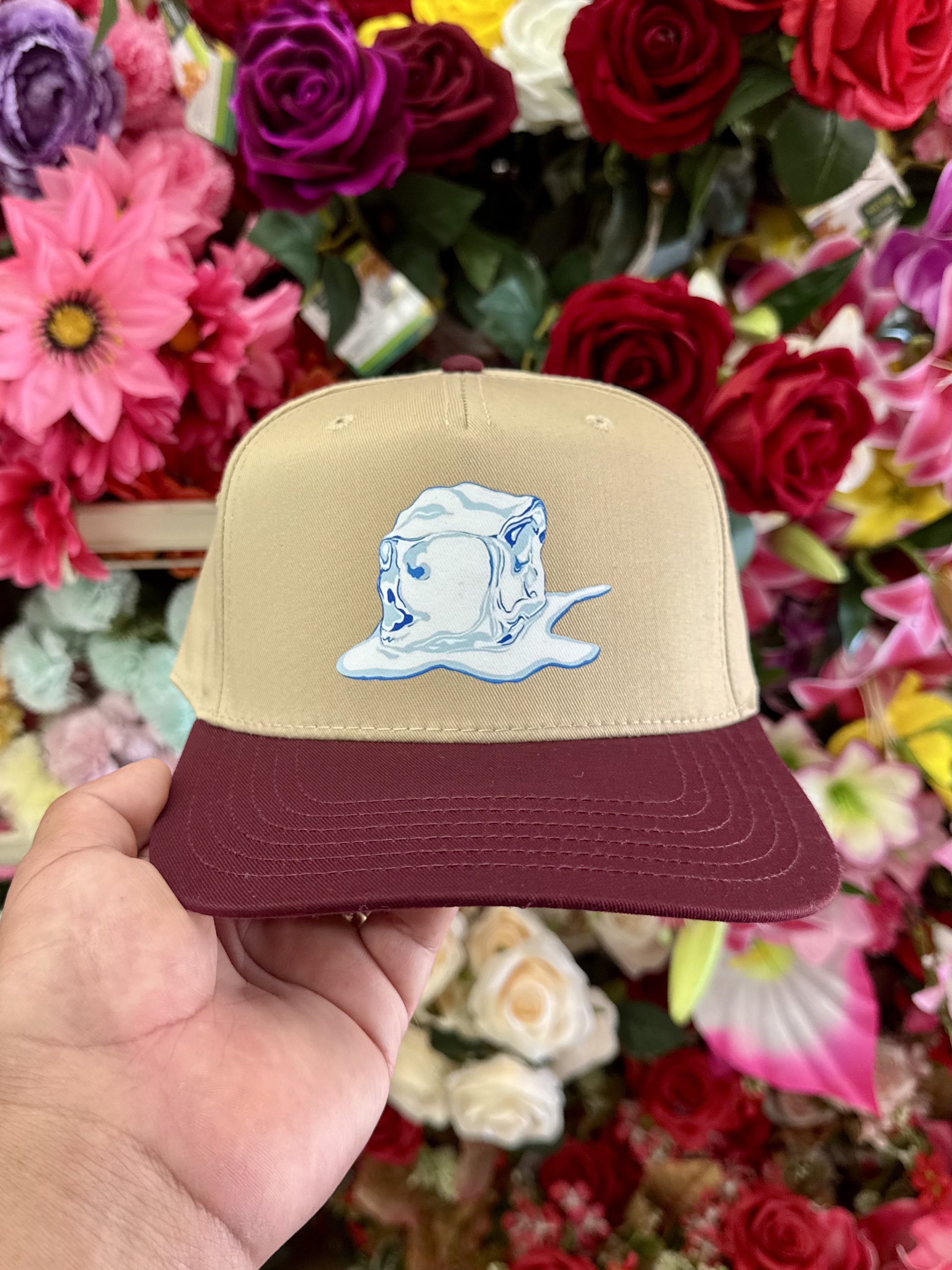 Melted Ice/Chinga La Migra Hat: Beige/ Burgundy