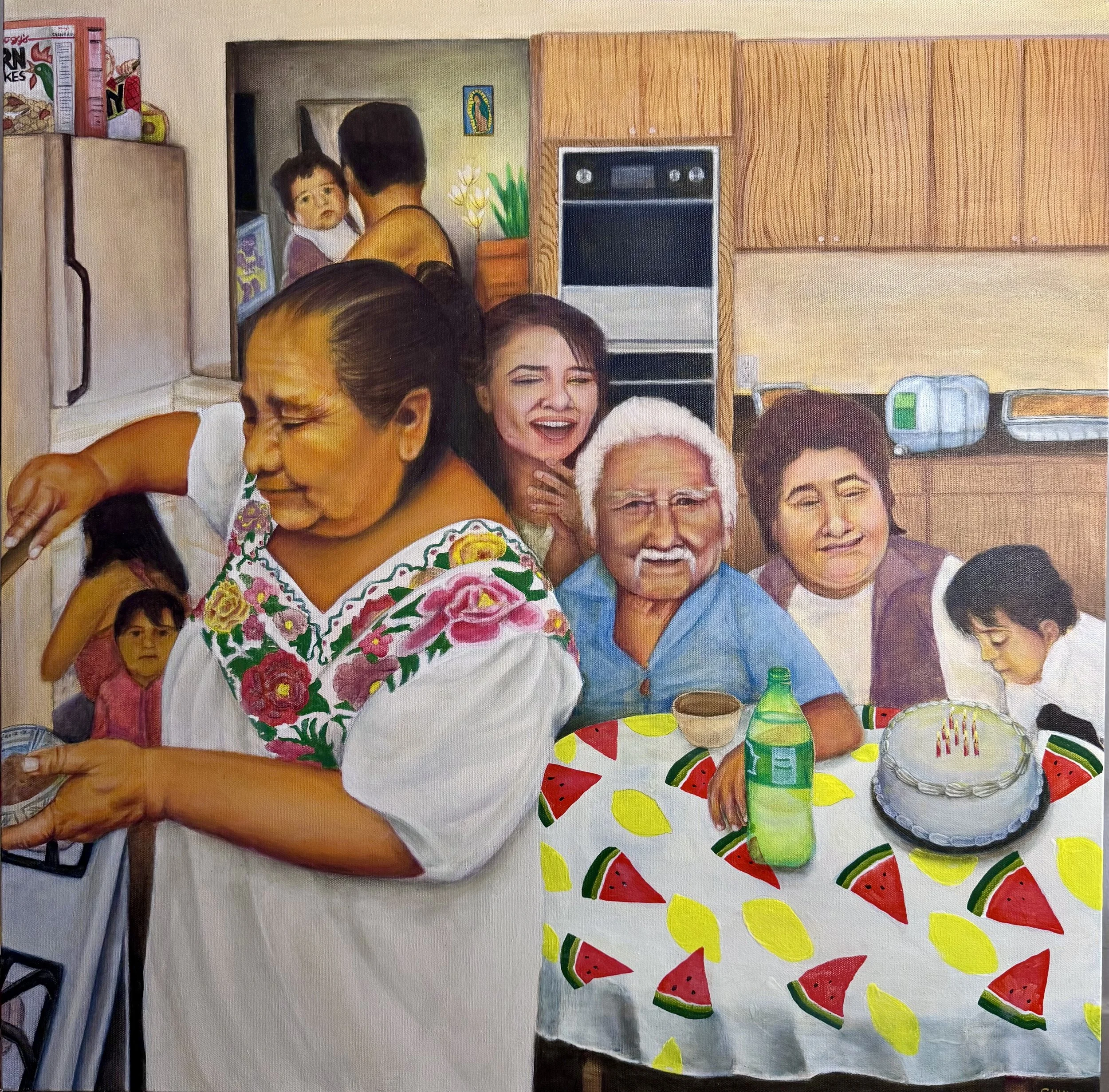 "Everyone hangs in the kitchen" Fine Art Painting, Los Angeles Artist