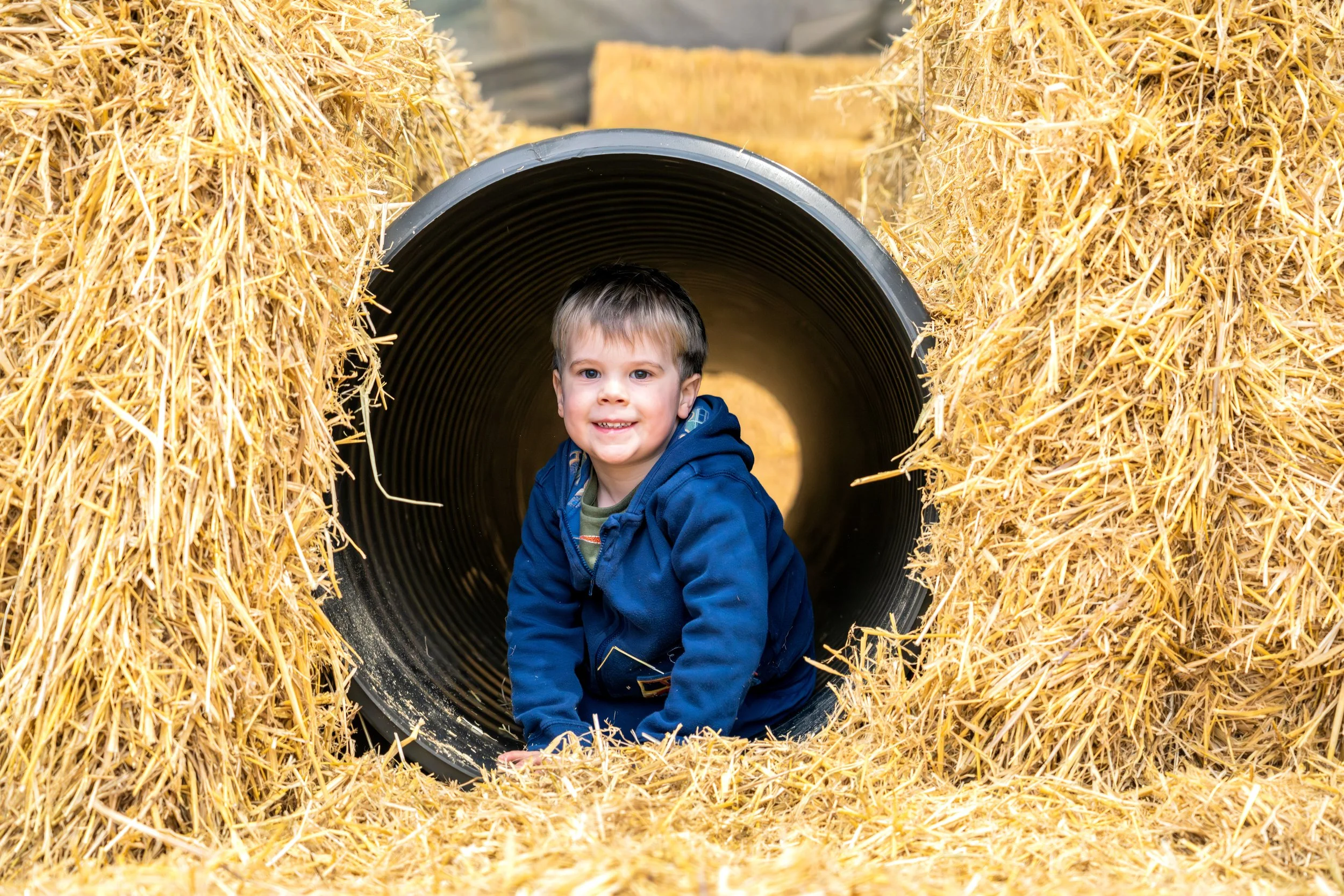 Children playing on straw bales at High Lodge Farm