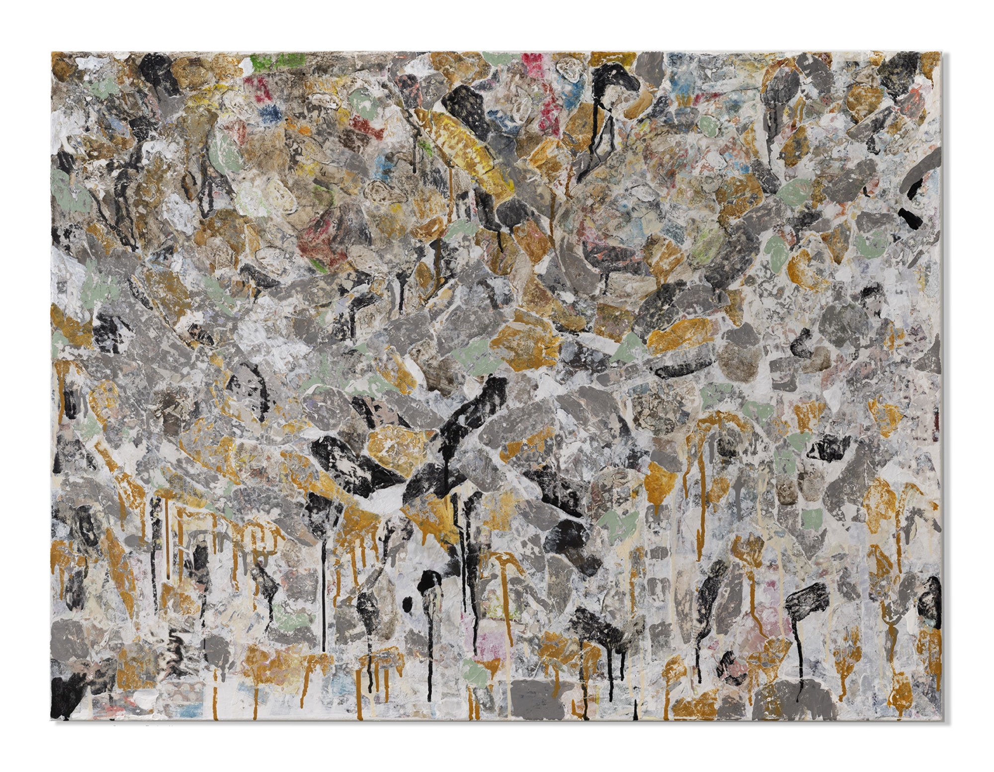 Centering, 2024 Acrylic, gesso, paper, oil stick, charcoal, and graphite on canvas 30 x 40 inches
