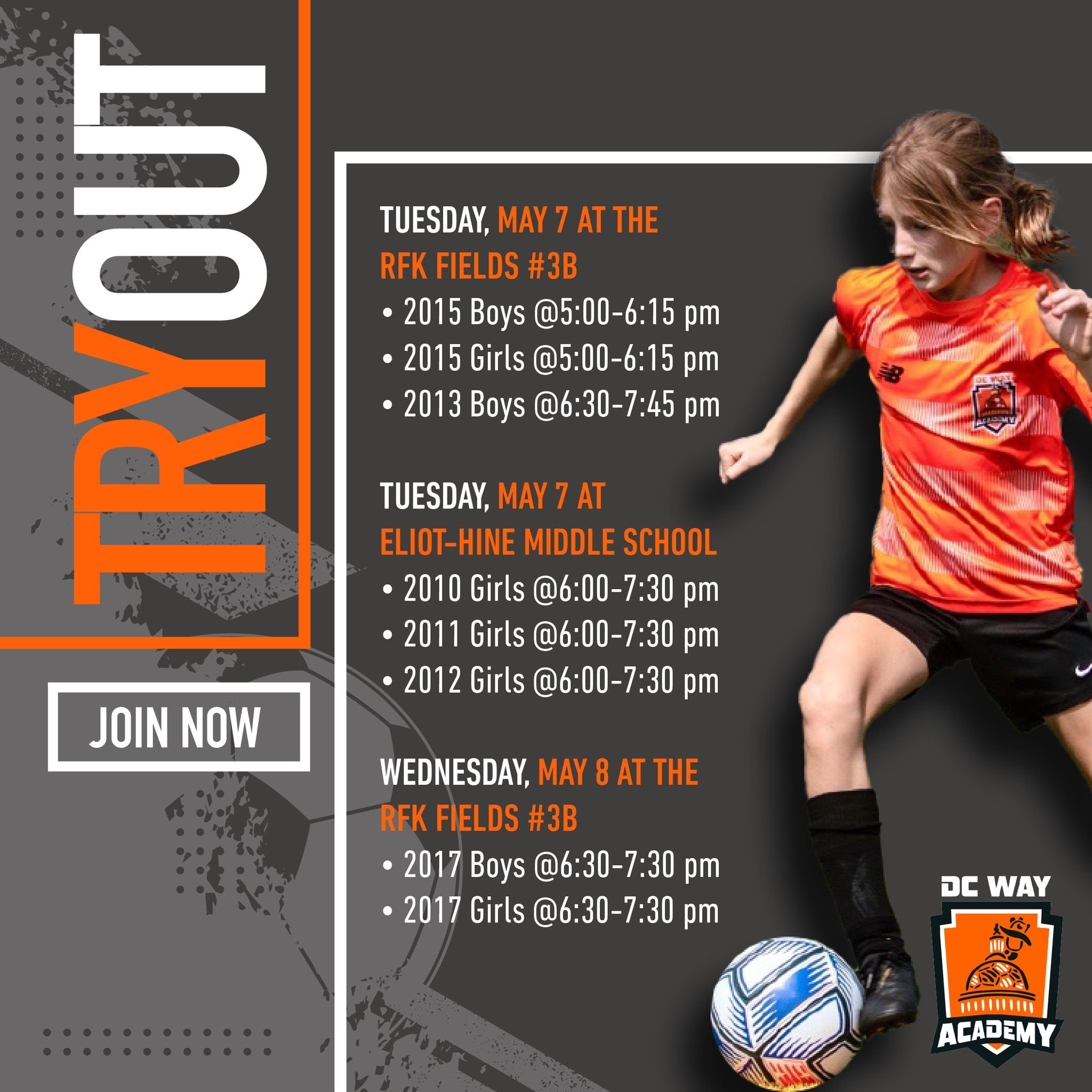 Save the Dates for our tryouts! ⚽️ This is your chance to shine! ✨
 
🗓️ Tuesday, May 7 at the RFK Fields - #3B
2015 Boys &amp; Girls: 5:00-6:15 pm
2013 Boys: 6:30-7:45 pm
 
🗓️ Tuesday, May 7 at Eliot-Hine Middle School
2010, 2011, 2012 Girls: 6:00-