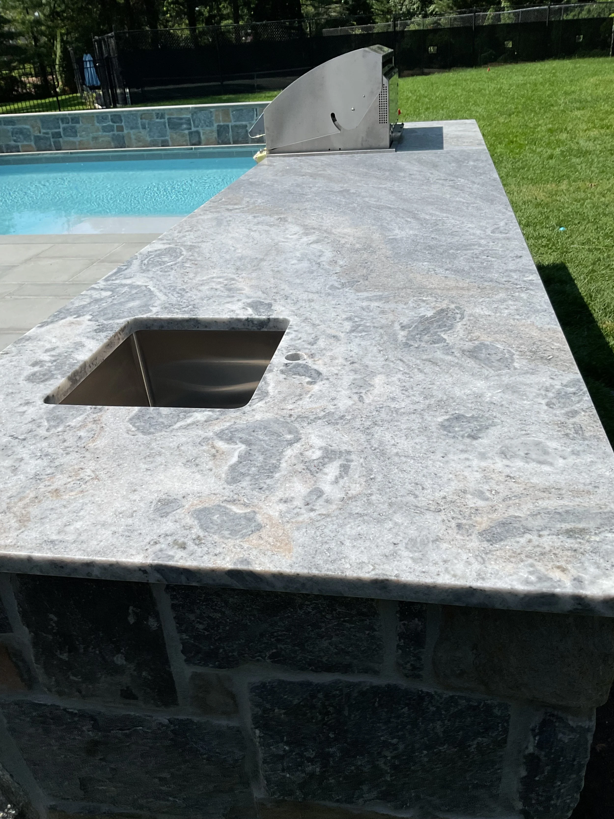 Steel grey honed granite outdoor kitchen countertop in Long Island, NY, by Intermarble