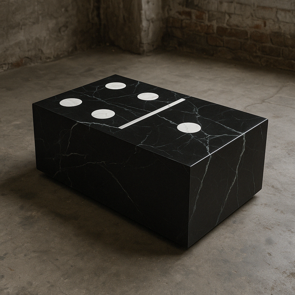 Black rectangular marble coffee table resembling a domino piece with 5 white dots on its surface in an industrial-style room.