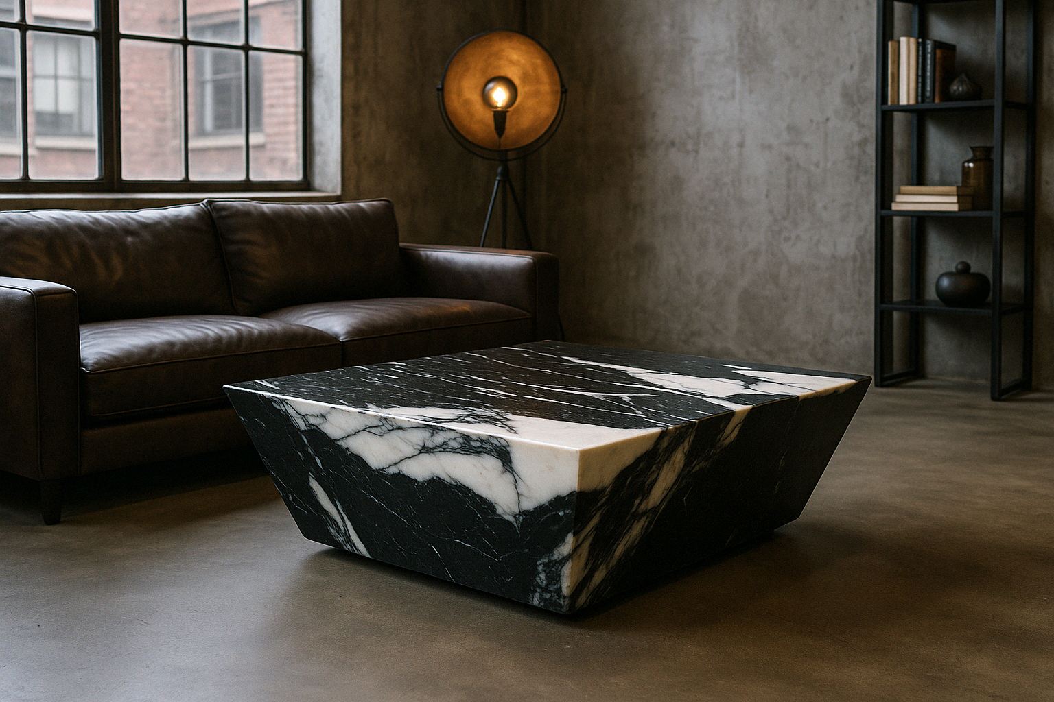 Modern living room with a black and white marble coffee table, leather sofa, floor lamp, and bookshelf.