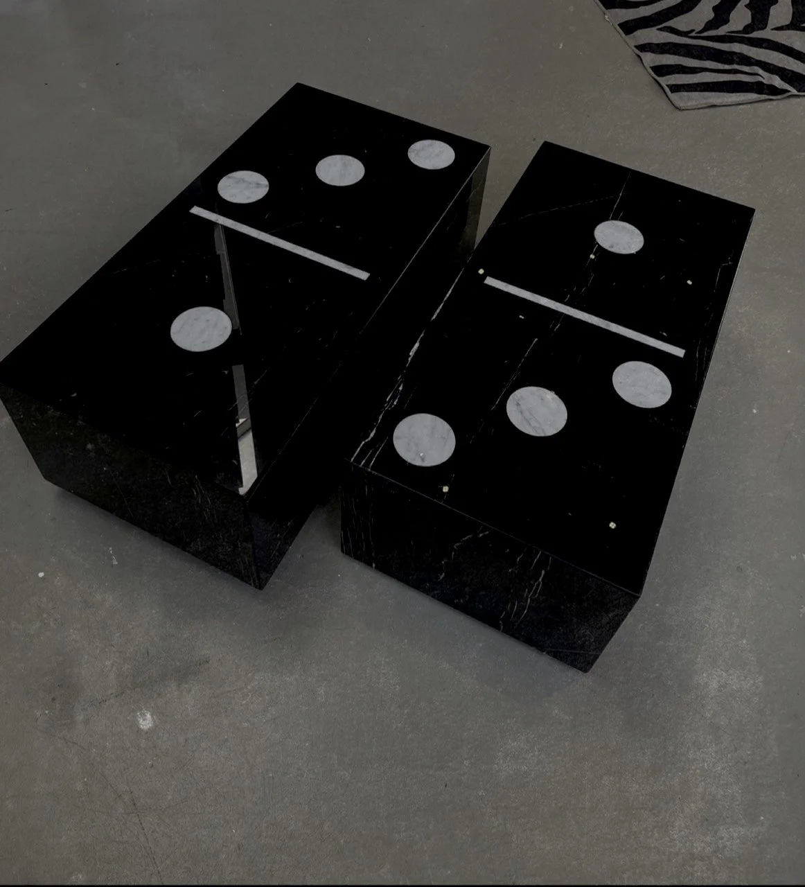 Nero Marquina and White Carrara domino coffee tables. Fabricated in-house by Intermarble for Club Marmo in NYC.