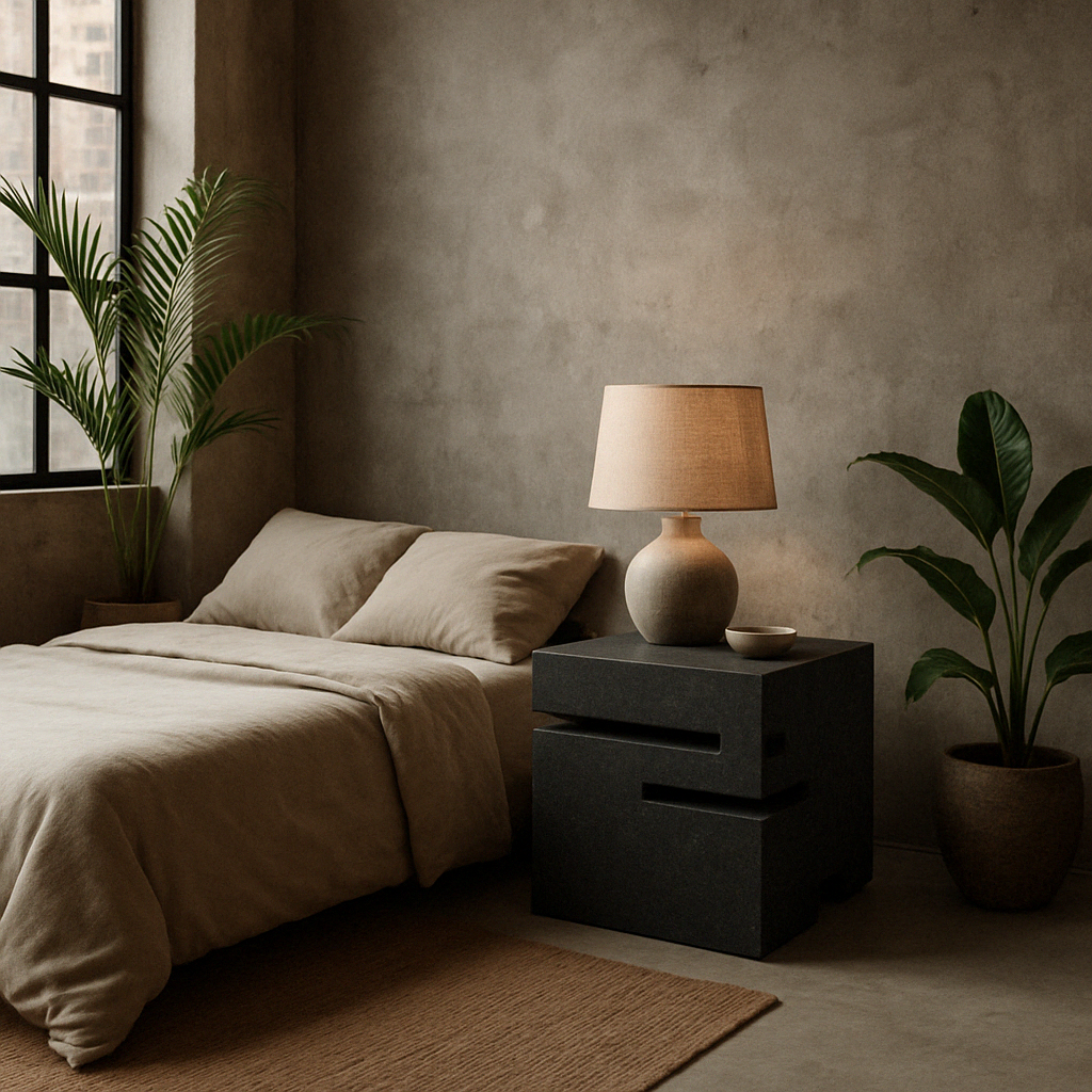 Minimalist bedroom with a beige bed, black modern granite stone nightstand with a lamp, and potted plants.