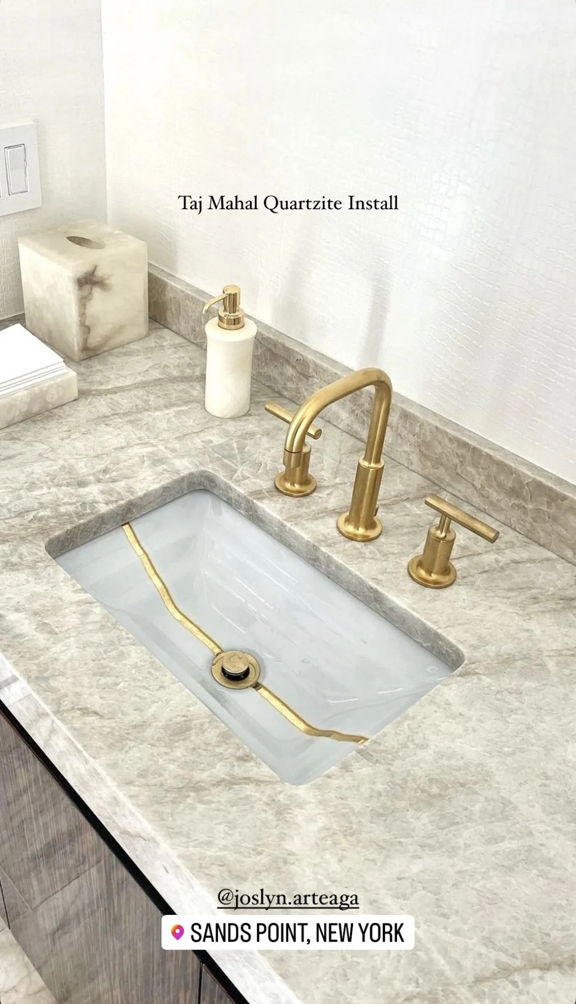 Taj Mahal Quartzite bathroom vanity. Fabricated and installed by Intermarble in Sands Point, New York