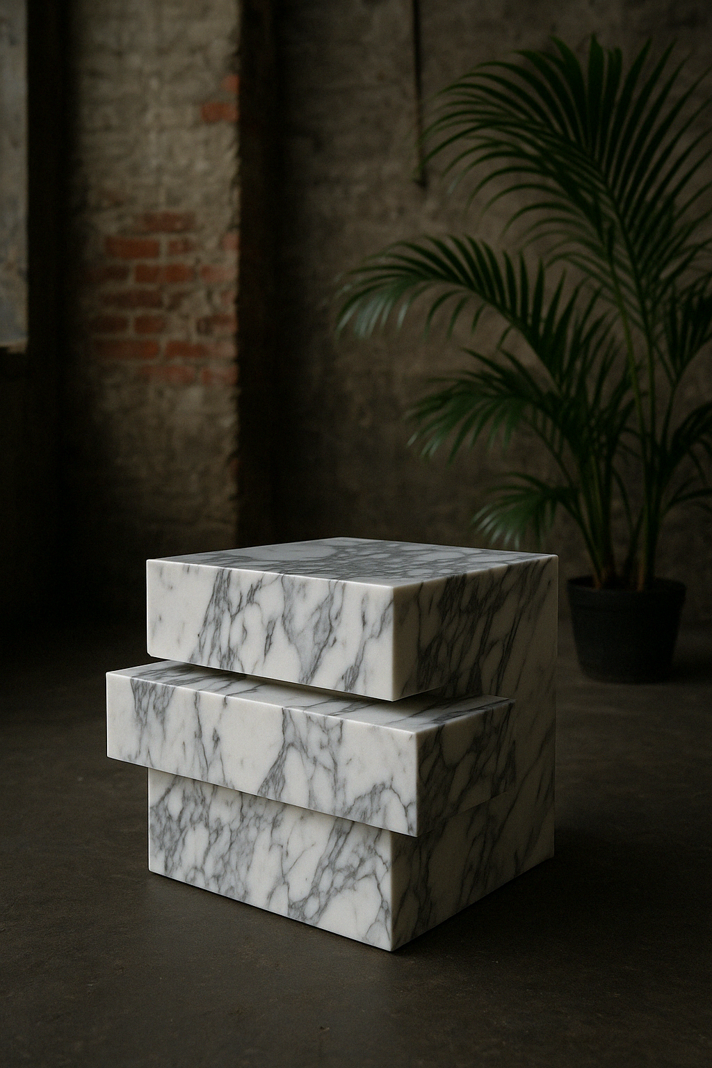 Stacked geometric side tables in marble stone, handcrafted by Club Marmo and Intermarble as collectible stone furniture pieces in New York