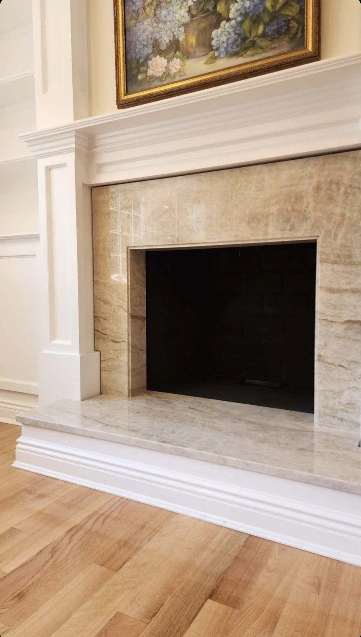Quartzite notch fireplace and hearth by Intermarble. Long Island, New York