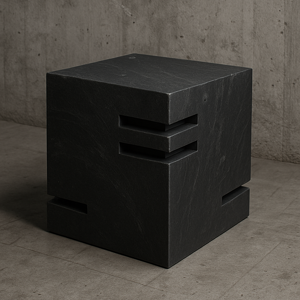 Modern black stone cube table with precise cut-out accents, handcrafted by Club Marmo and Intermarble New York