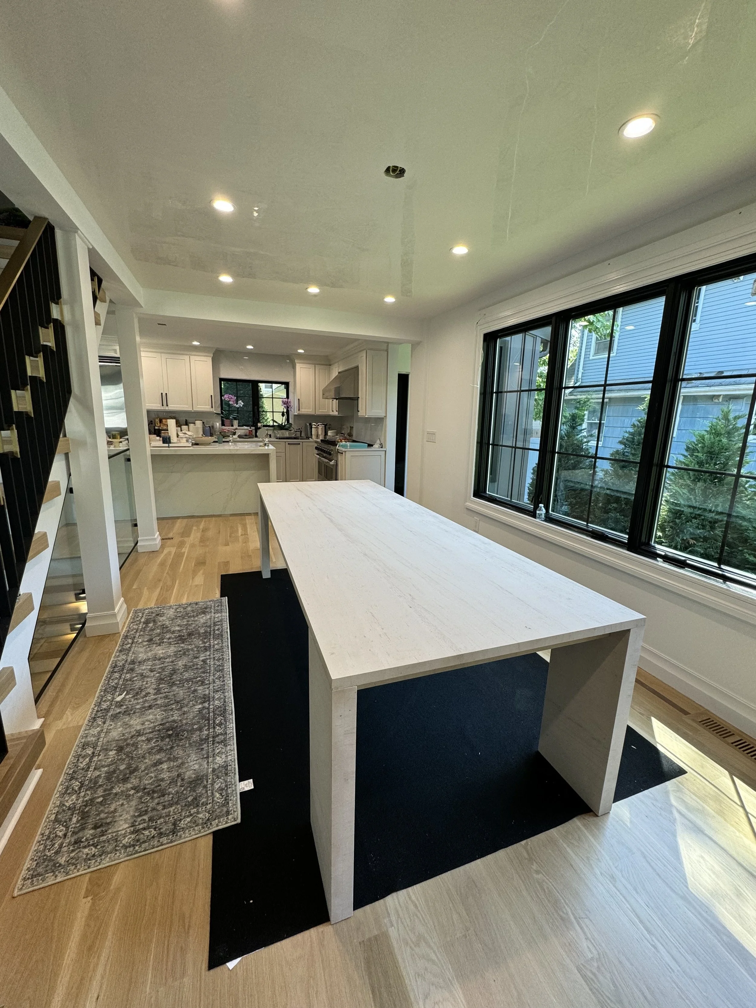 Custom Travertine Stone dining room table. Valley Stream, New York. 
