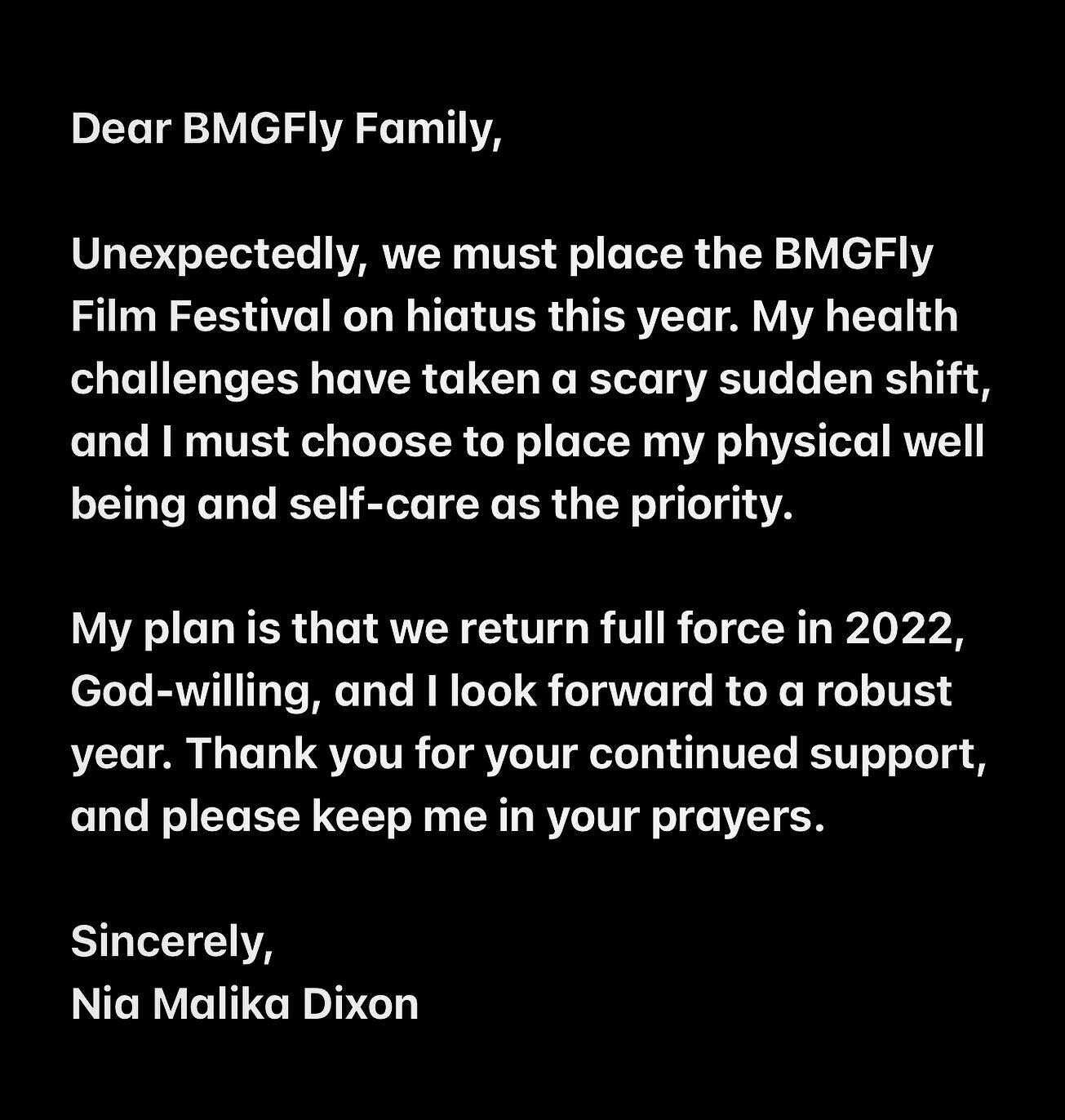 Dear BMGFly Family,

Unexpectedly, we must place the BMGFly Film Festival on hiatus this year. My health challenges have taken a scary sudden shift, and I must choose to place my physical well being and self-care as the priority.

My plan is that we 