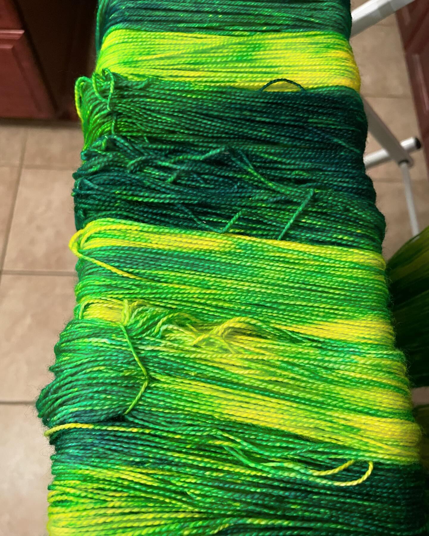 It&rsquo;s the first full day of Spring!  Shamrock is on the drying rack today&mdash;I&rsquo;m pretty proud of how this batch came out! #spring #shamrock #green #yellow #handdyedyarn