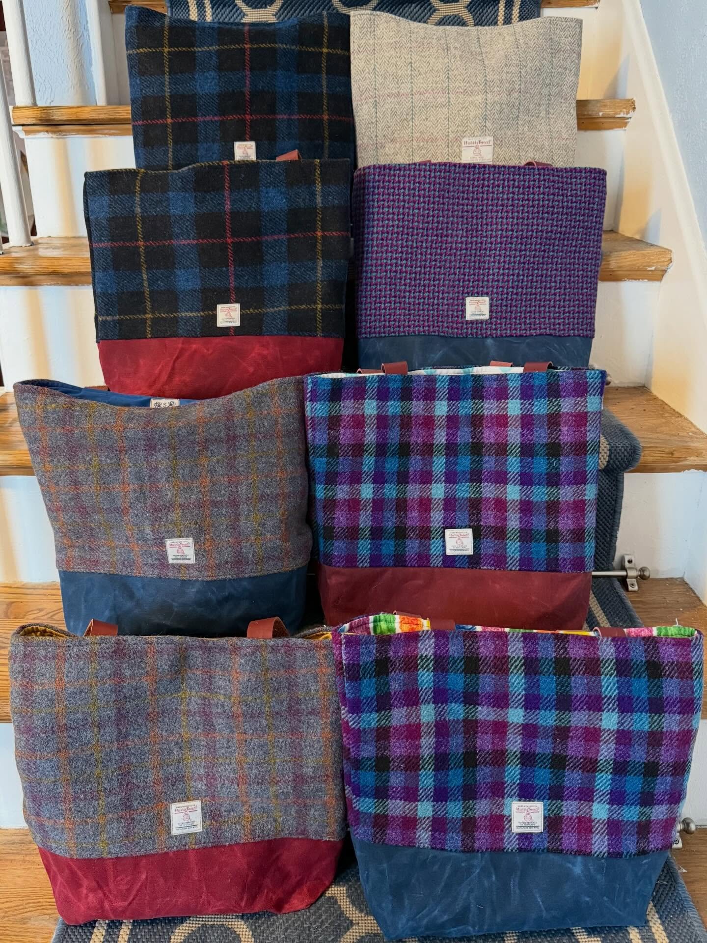 Harris Tweed has hit the webshop!  Each tote features hand cut, leather straps, Harris Tweed and waxed canvas on the exterior, cotton lining interior&mdash;and pockets. Each tote is one of a kind!  Link in bio!