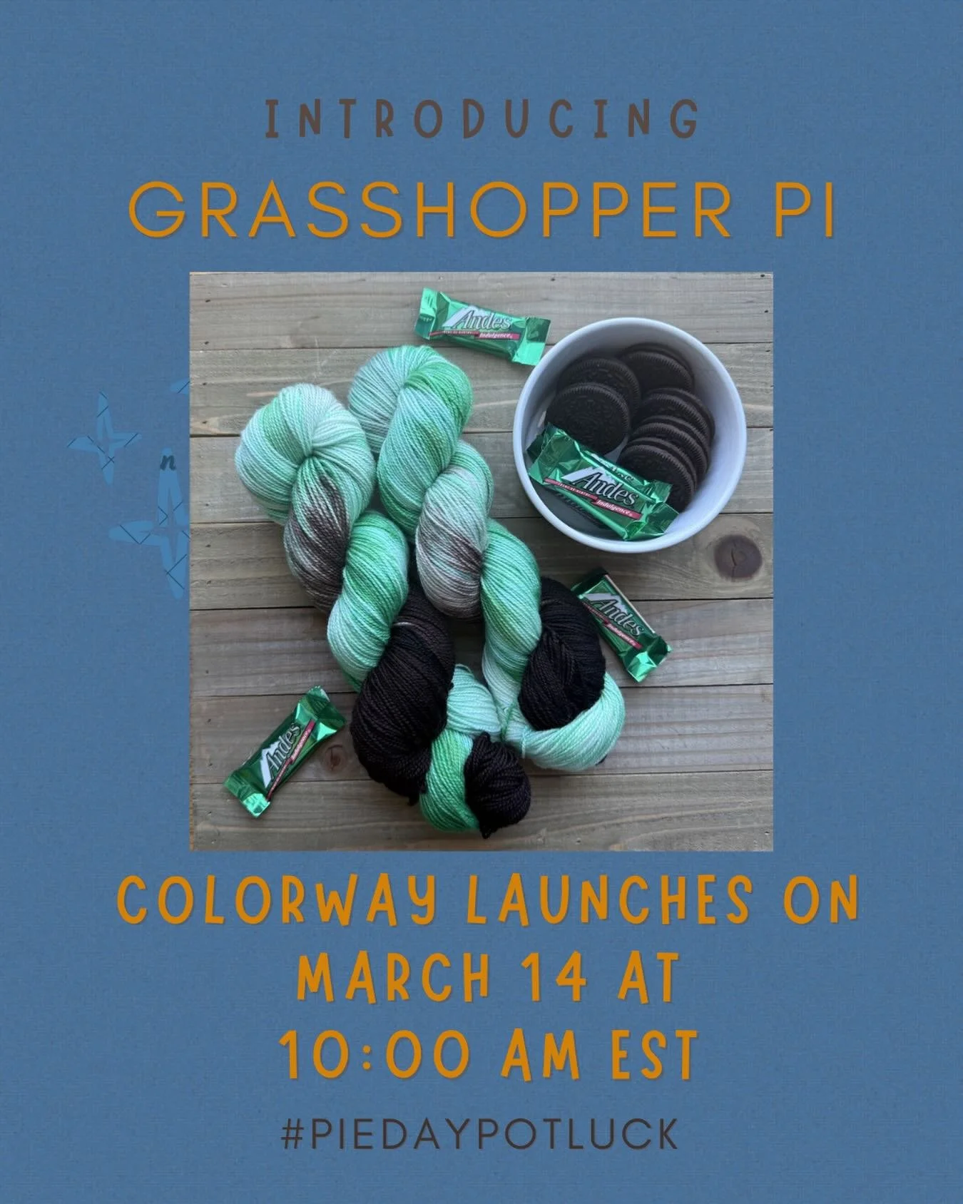 Pi Day is coming soon and Grasshopper Pi is hitting the webshop at 10 AM EST on March 14!  Make sure you check out all of the other amazing dyers participating this year too! @theredpansy @akventure.co @makerwoolco @yarnaceous @sunshinequeenfiberarts