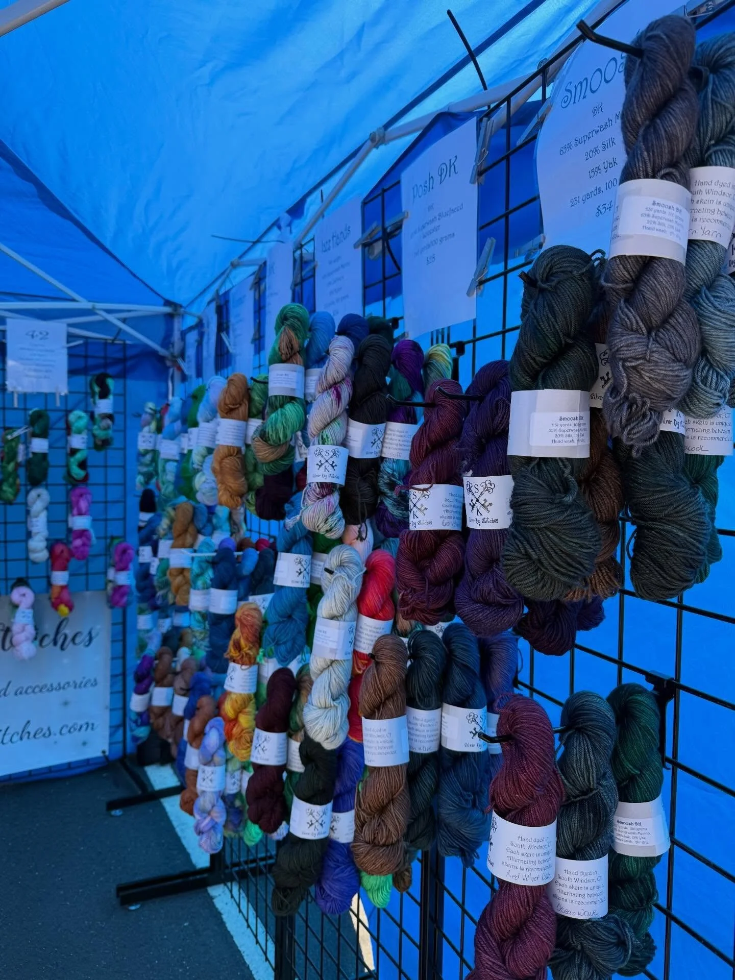 Set up at @eweandyoufiberarts4life until 3:00!  Yarn and bags and more&mdash;it&rsquo;s a beautiful day!