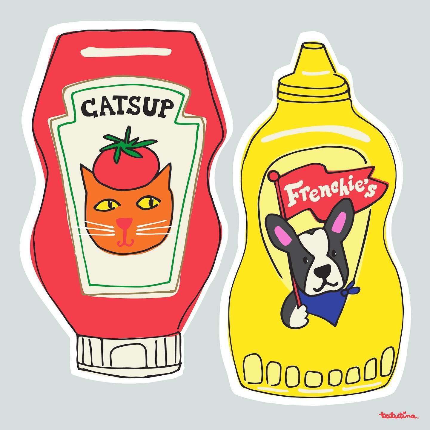 Ketchup Catsup and Frenchie&rsquo;s Mutt-stard. A little kitchen art for your Friday - from my submission to @theydrawandcook &amp; @uppercasemagazine 
#ketchupandmustard #kitchenart #ketchupbottle #mustardyellow #tatutina