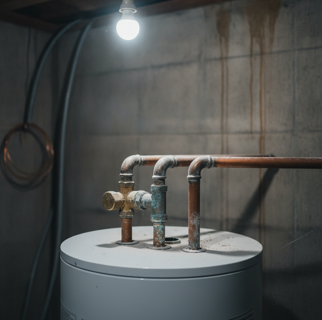 gas water heater with rusted supply lines in residential basement