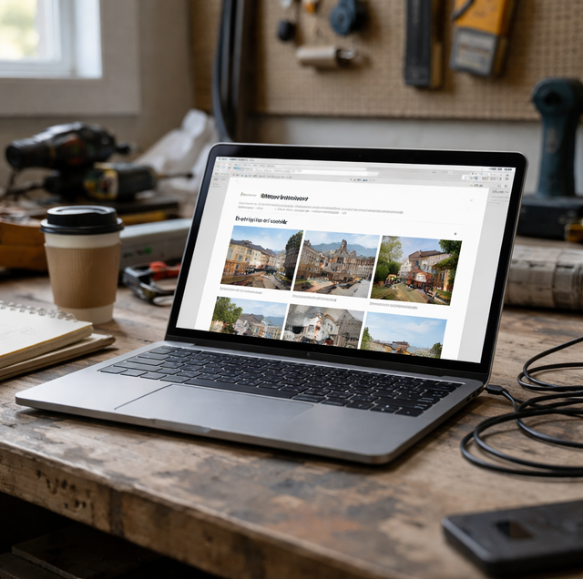 twelve near-identical town pages on a laptop map