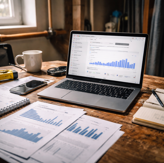 contractor reviewing local SEO timeline on laptop with phone ringing