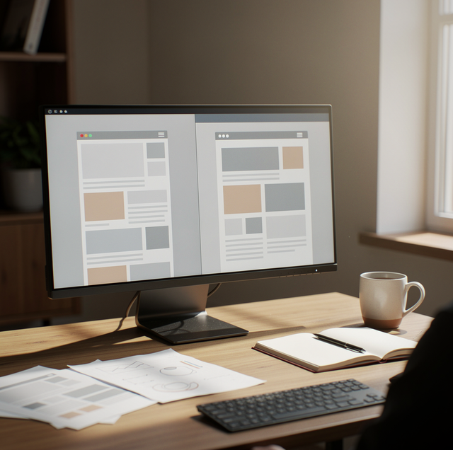 website redesign mockups on desk with laptop search rankings