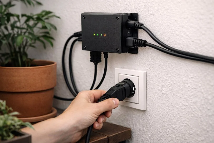 Hand steckt Stecker des Balkonkraftwerks ein