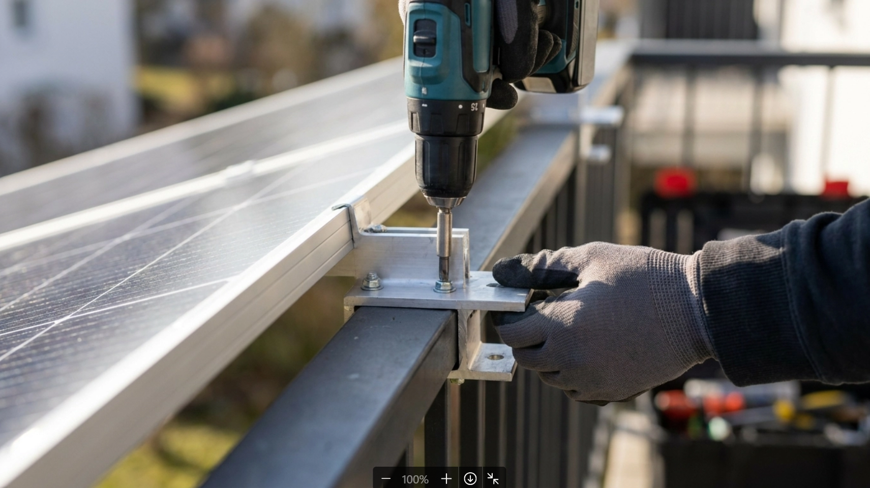 Elektriker montiert ein Solarmodul eines Balkonkraftwerks am Balkon